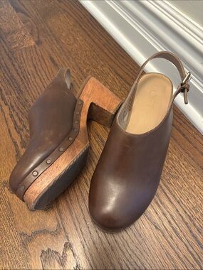 LOFT Brown Leather Wooden-Platform Slingback Clogs